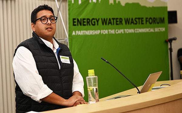 The City's Mayoral Committee Member for Water and Sanitation, Councillor Zahid Badroodien delivering the keynote address at the most recent Energy Waste Water Forum event.